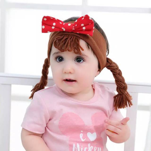 Bandana Bayi Elastis dengan Rambut Palsu / Headband Bayi Anak Perempuan / Bandana Pita Model Kepang