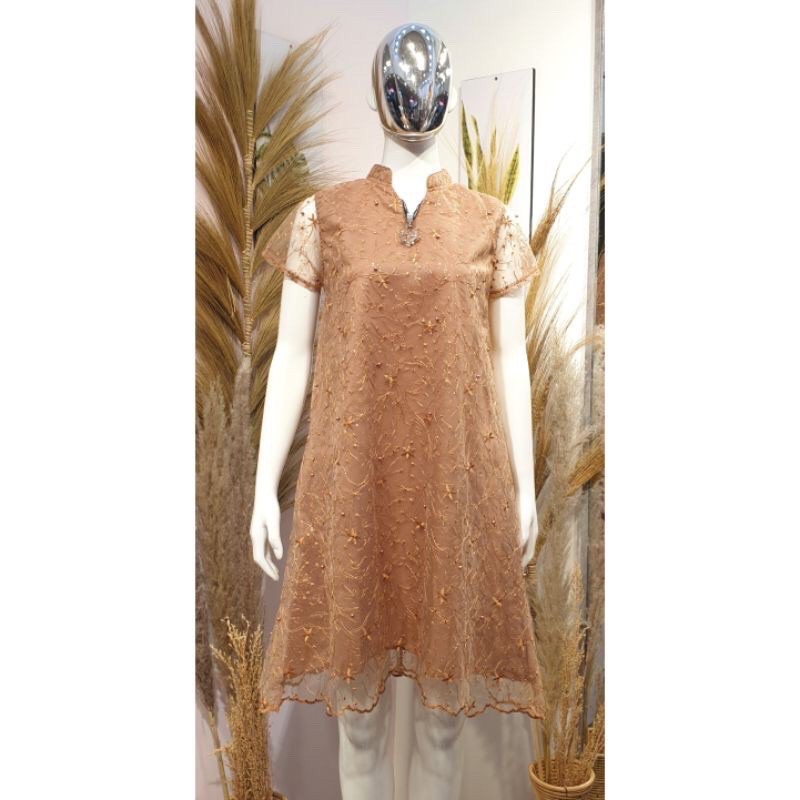 C072 dress pesta pendek tile gliter mewah/dress brukat tile kondangan