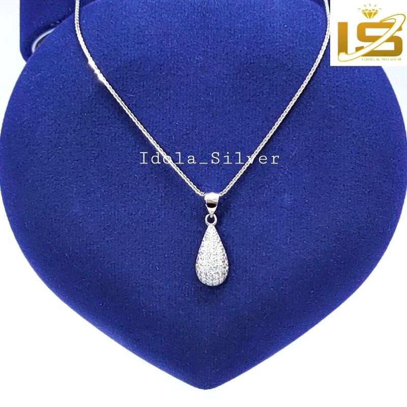 KALUNG PERAK ASLI SILVER WANITA 925 LAPIS EMAS PUTIH MODEL LIONTIN OVAL PERMATA KEMBUNG - PERHIASAN PERAK WANITA ASLI