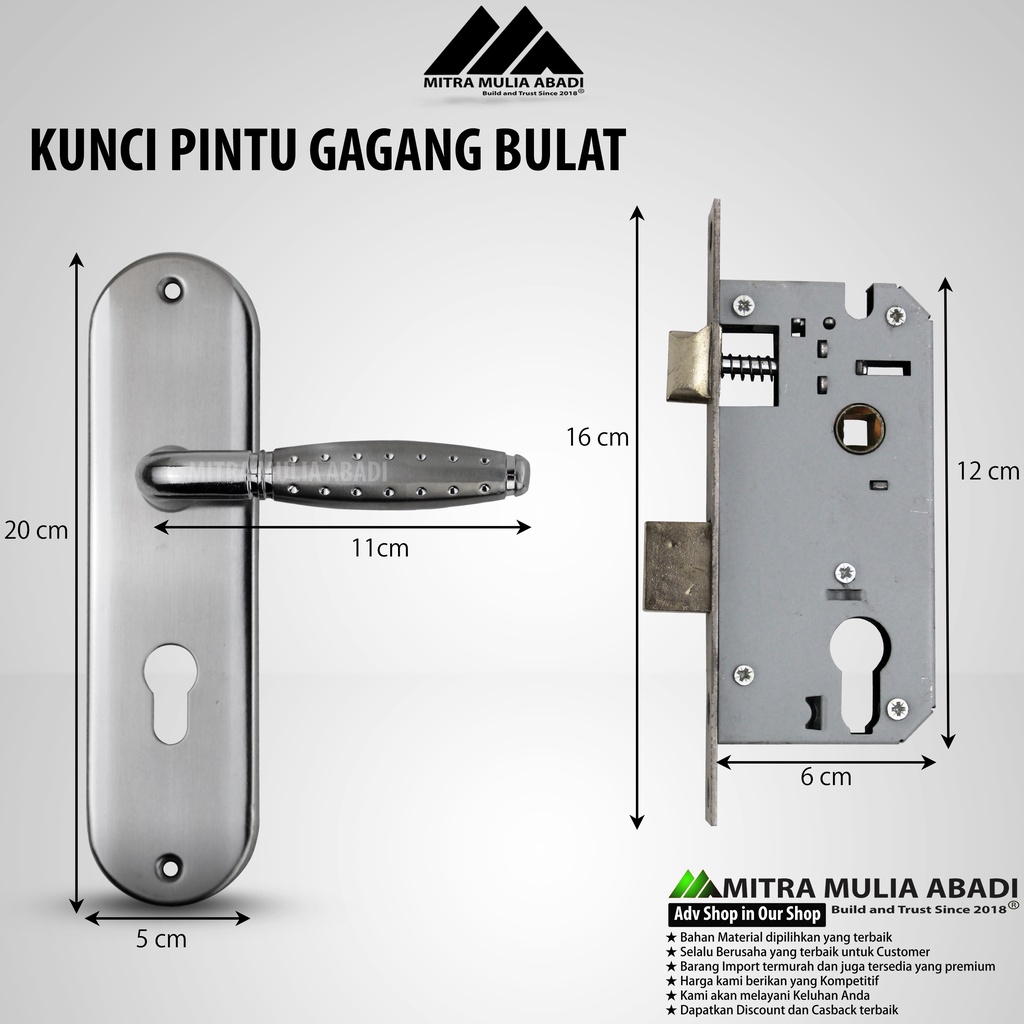 Kunci Pintu Tanggung Silinder Premium l Gagang Bulat Stainless Handle 20cm