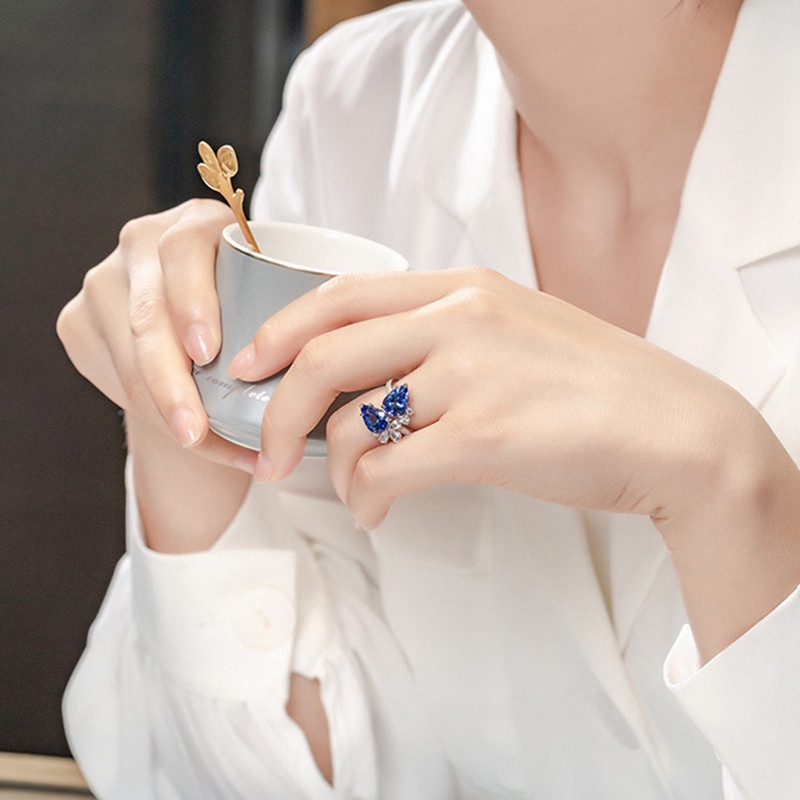 Fancyqube Cincin Berlian Sapphire Biru Tanzania Model Water Drop Terbuka Gaya Elegan Untuk Wanita