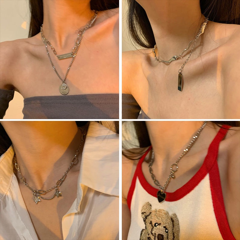 Potret bear in gaya dingin double-layer kalung wanita in hip hop niche desain kalung Baru Hip Hop Ba