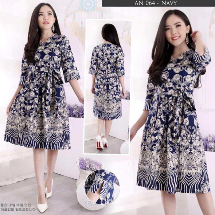 Spesial Kombinasi Floral Batik Dress Mini Wanita Formal Casual Ng955 - Navy