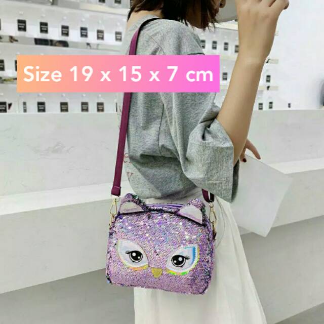 Tas sequin owl / tas slempang sequin / tas anak sequin