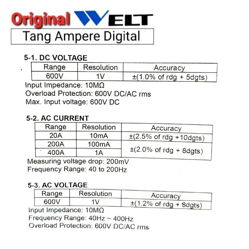 Tang Ampere Clamp Meter Digital Mini MT87 WELT.