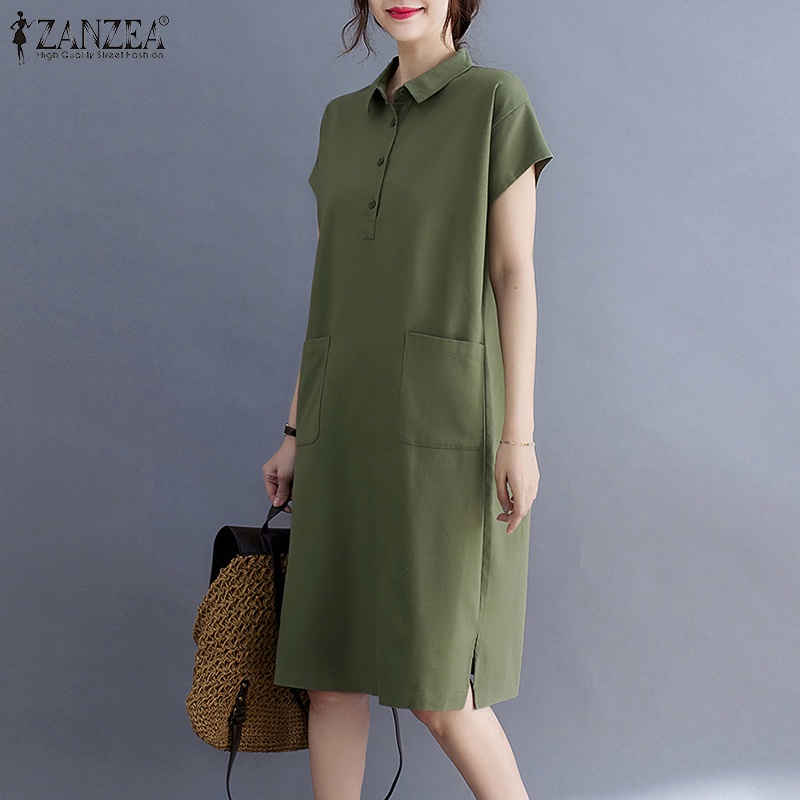 ZANZEA Women ront Pockets Short Sleeve Turn-Down-Collar Solid Color Midi Dress