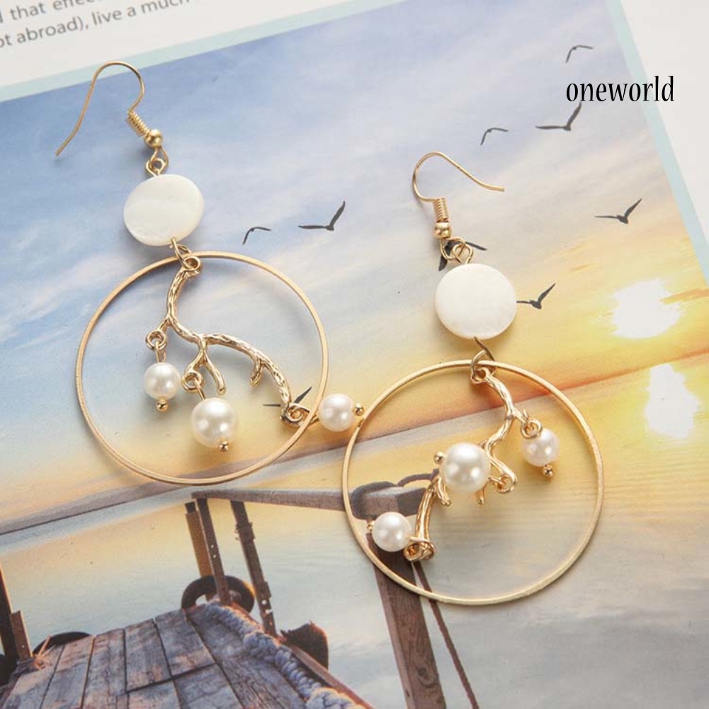 OW@ Women Birthday Gift Circle Faux Pearl Dangle Ear Hooks Fashion Jewelry Earrings