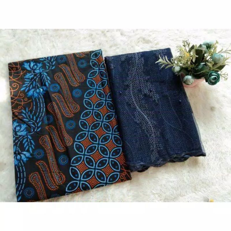 Kain Batik Fashion Kawung Biru Set Sogan Jarik Kebaya Brokat tile