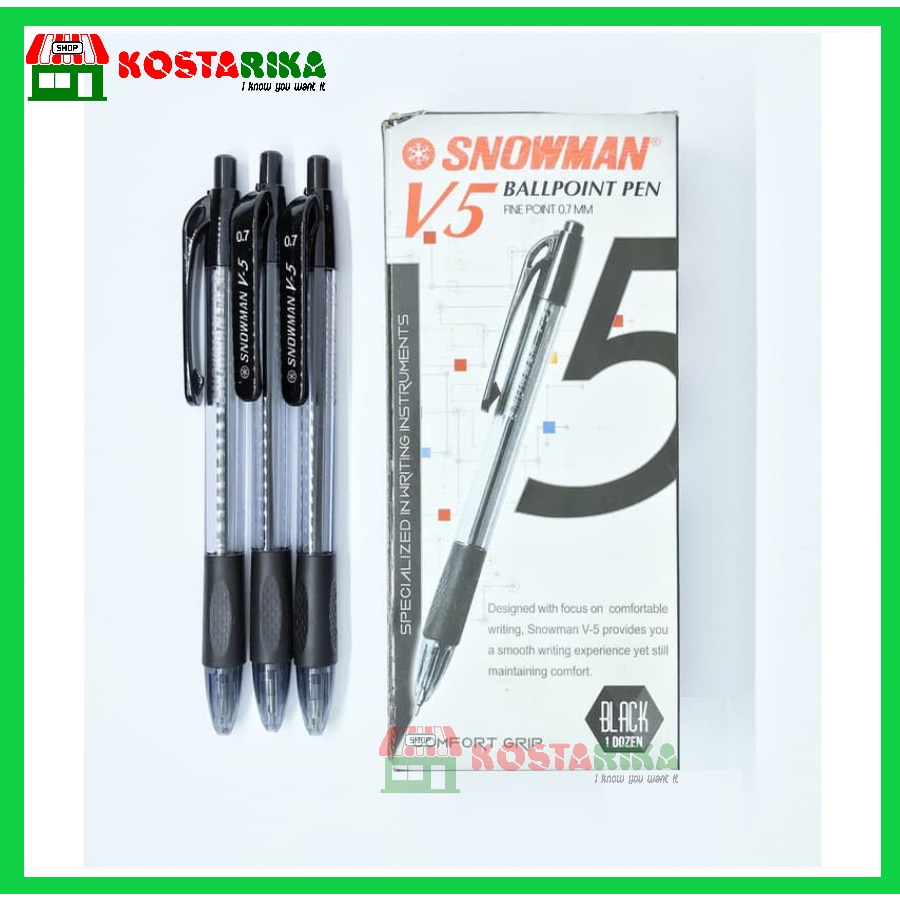 Ballpoint Pena Snowman V5 Pulpen Tinta Hitam dan Biru satuan