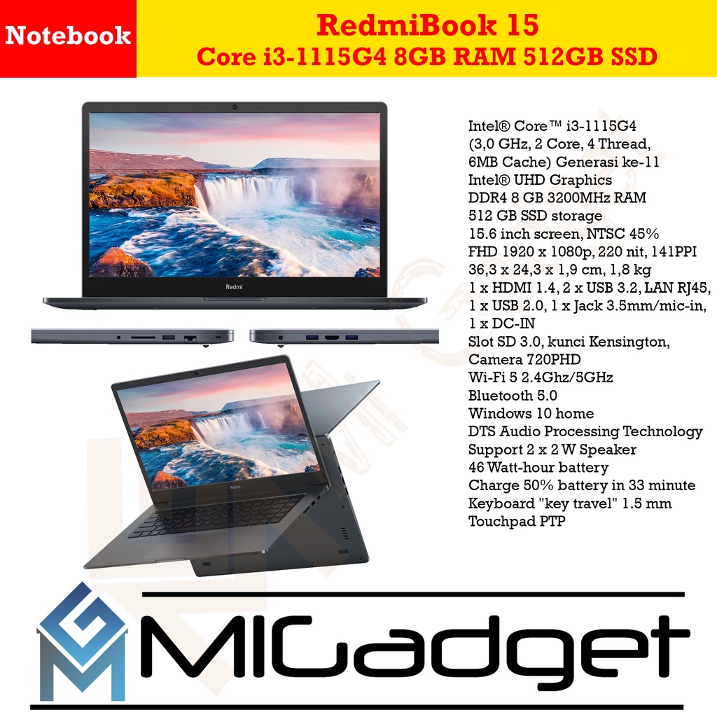 Redmibook Redmi Book 15 Core i3-1115G4 8GB RAM 256/512GB SSD Garansi Resmi