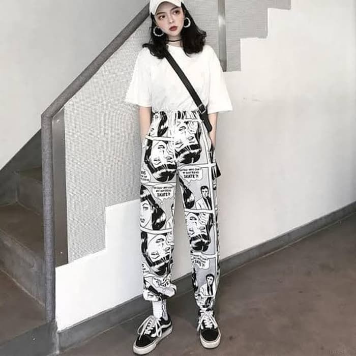 TBI Import Gaya Hip Hop Celana Panjang Pinggang Karet Motif Print