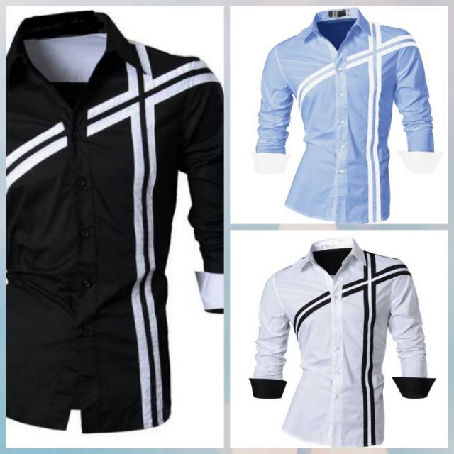 Promo Kemeja Pria Lengan Panjang Warna Hitam Putih Biru Muda Desain Garis warna Kekinian