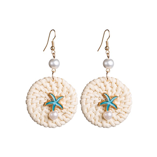 LRC Anting Gantung Fashion Woven Pearl Drop Oil Starfish Earrings F52825