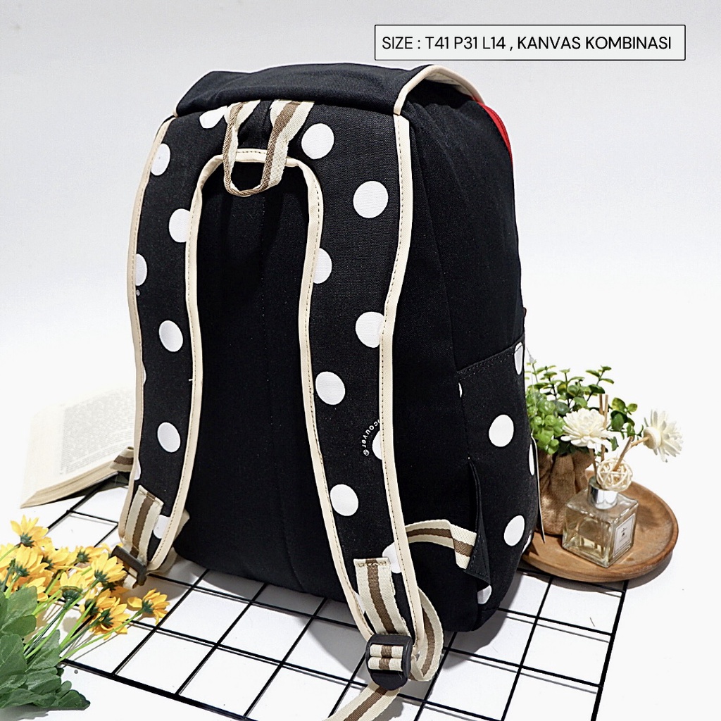 (COD) Free Ongkir 12 12 Tas Backack Ransel kantong polkadot Bahan kanvas Buat Cewek Murah Meriah