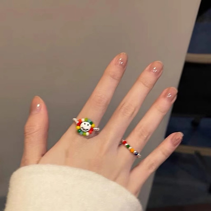 Cincin Silver Hias Liontin Salib Manik-Manik Smiley Warna-Warni Gaya Korea