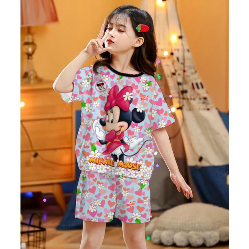 Baju Setelan Stelan Anak Cewek Motif Minnie Love Full Print Printing Depan Belakang Premium