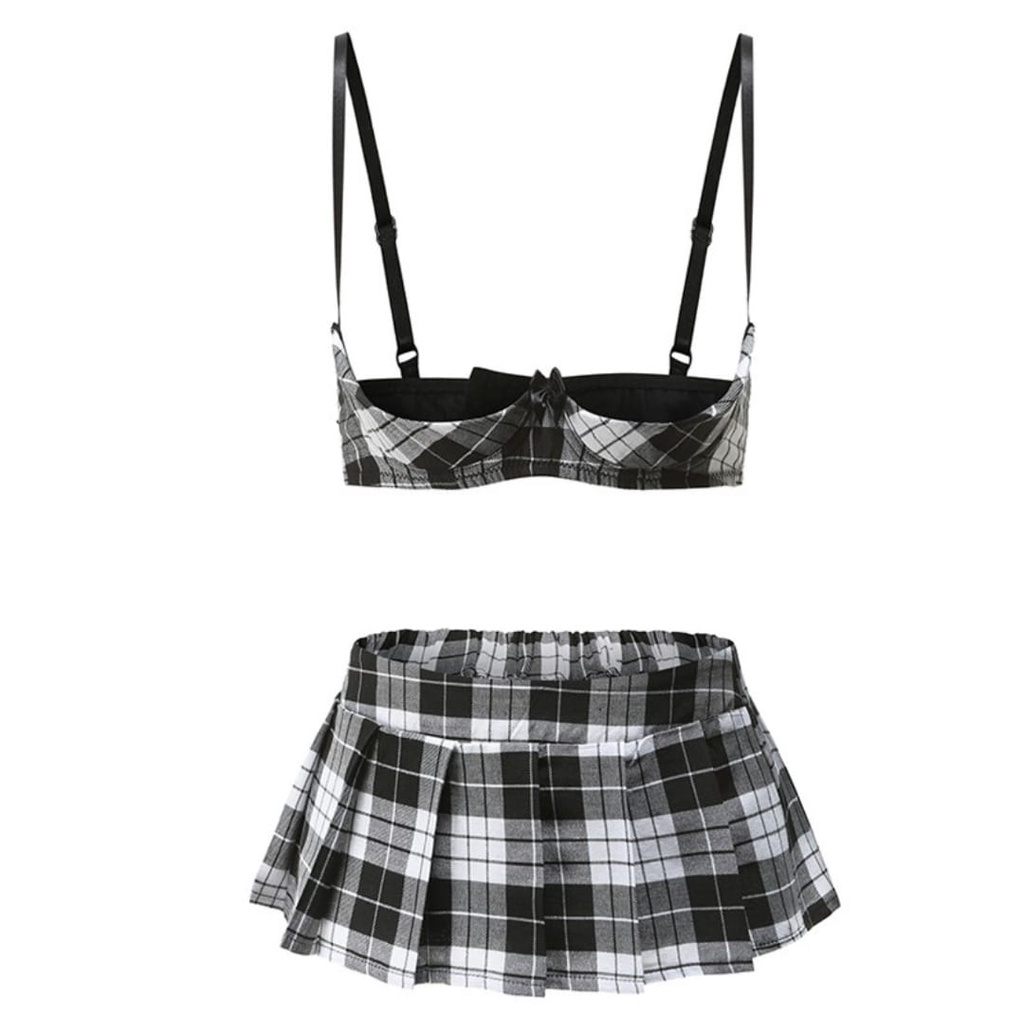 【Wetrose】Sexy Nightdress Uniform Seductive Plaid Skirt Hot Tease Small Chest Steel Ring Sexy Lingerie Bra Set