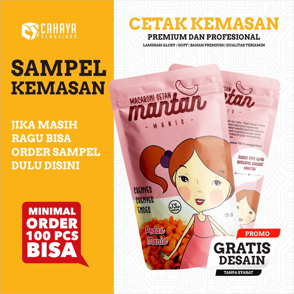 Kemasan Kekinian Standing Pouch Full Printing Custom Keripik Makaroni Kentang Tempe Kulit Ayam Ikan 