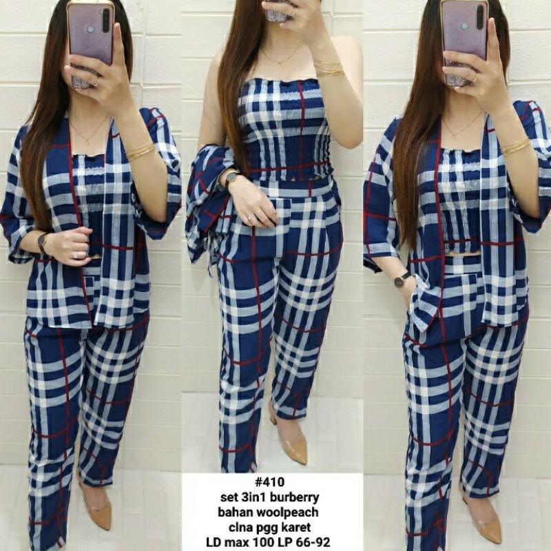 COD-[SET 3in1 BURBERRY]SET STELAN CANTIK MOTIF GARIS KOTAK PAKAIAN WANITA KEKINIAN MURAH DAN BAGUS