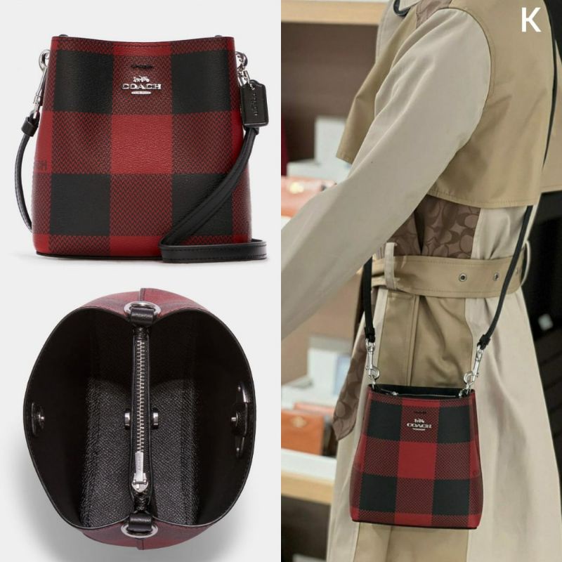 Coach Mini Town Bucket Bag With Buffalo Plaid Print Black Red Multi/tas coach ori authentic
