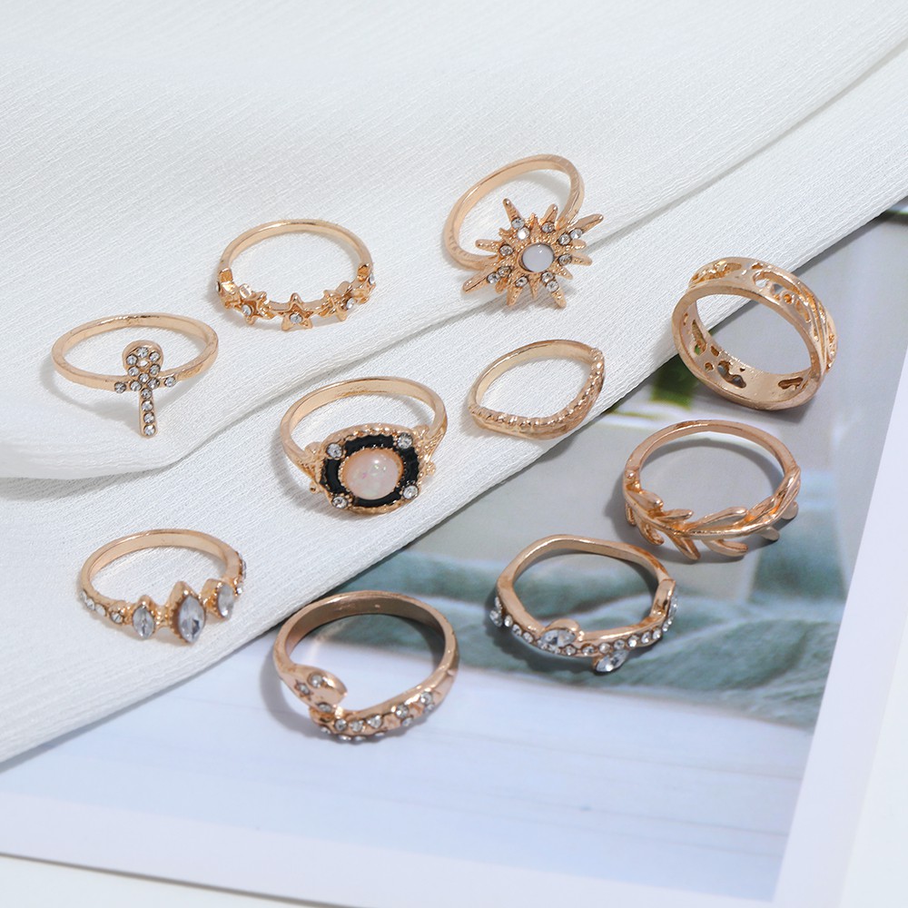 10 pcs Cincin Berlian Gaya Bohemian | Hadiah Perhiasan Wanita Paduan Emas Baru