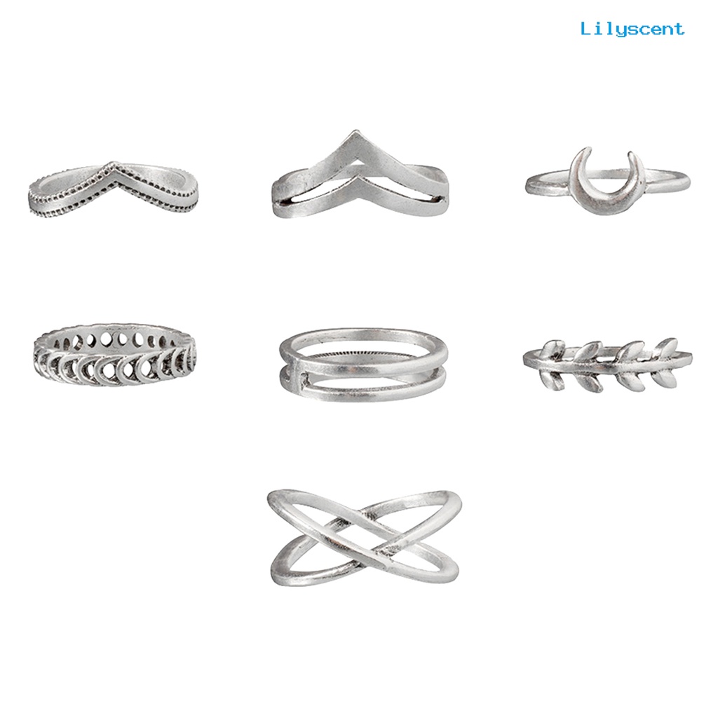 Lc 7Pcs / Set Cincin Jari Electroplate Motif Salib / Bulan / Daun Bahan Alloy Untuk Wanita / Pesta