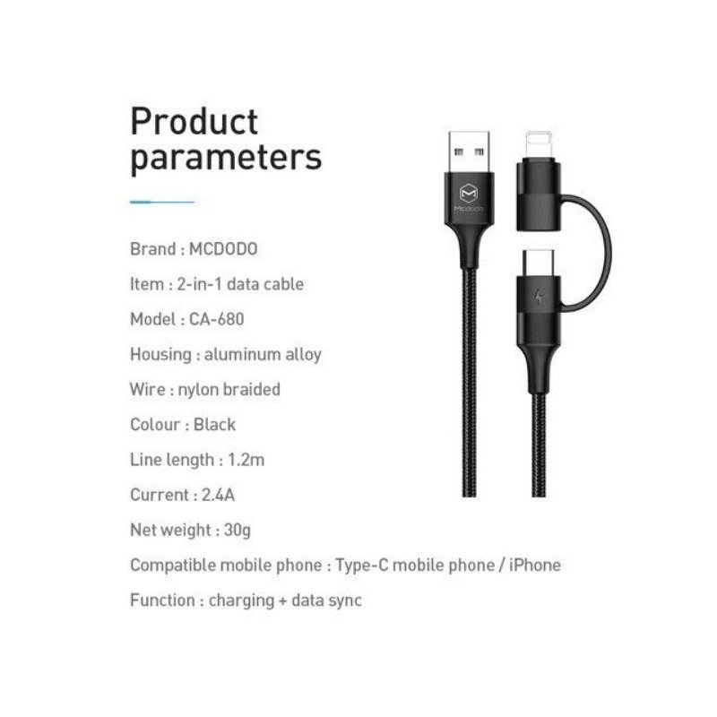 Mcdodo Kabel USB To USB TYPE C Convert To Lightning QC 4.0 2.4A Quick Charger PD 3.0