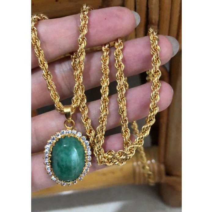 Set Perhiasan Xuping Lapis Emas 24 Karat Kalung Tambang Liontin Batu Giok Ruby Permata Titanium Gold