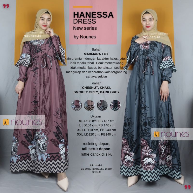 NOUNES HANESSA SERIES Gamis Pesta Raya Lebaran Syari Wanita Maxmara Lux Maxi Dress Ruffle Tali Serut