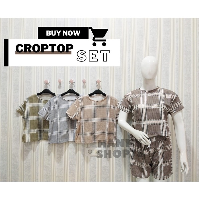 Crop Top Set Oneck | Lengan Pendek & Celana Pendek (Crop Top Set Plaid Line)