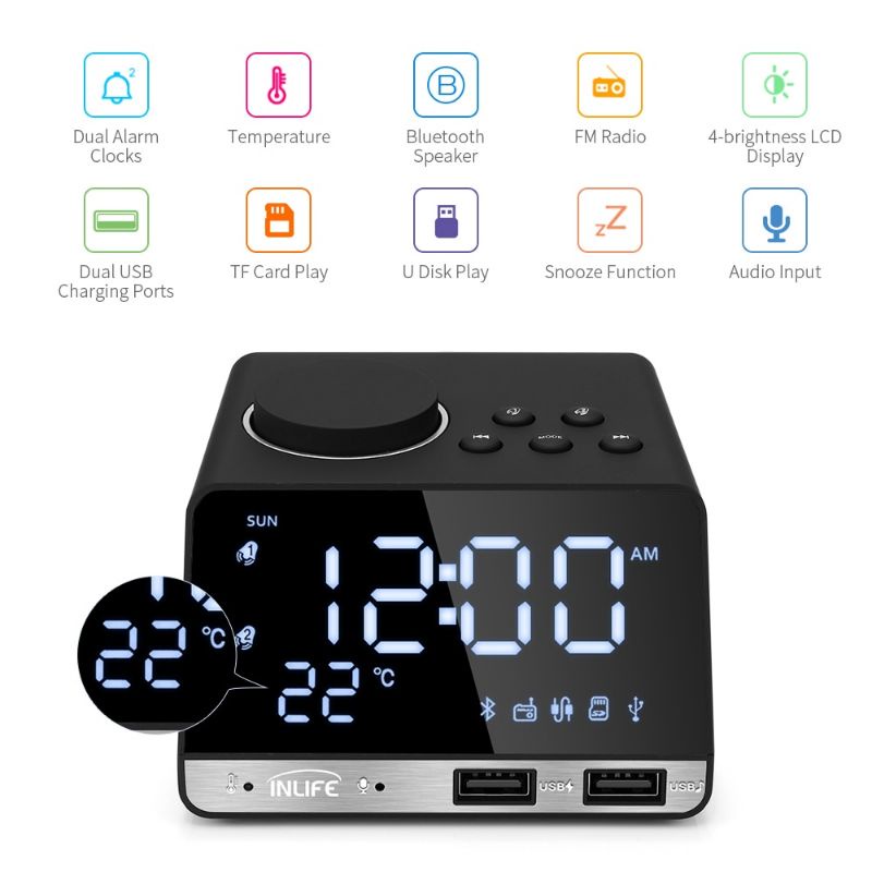 Jam Meja Bluetooth Speaker Alarm Clock FM Radio Dual USB Charge TF Card - Black