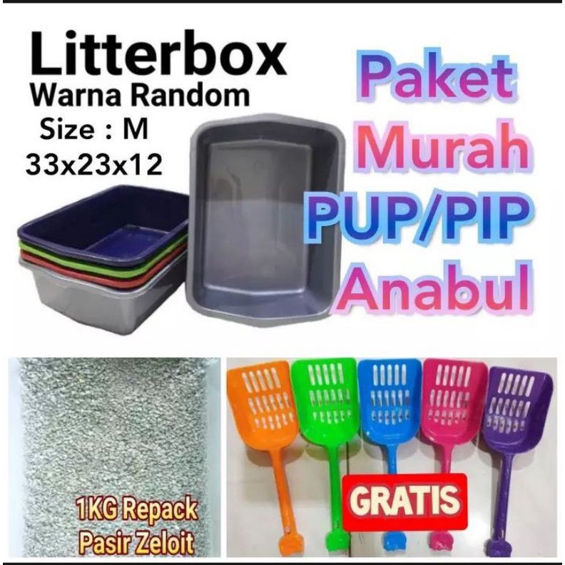 Baskom Tempat Pasir Bak Kotoran Hewan Litter Box Toilet Kucing 1Set Bak pasir + sekop + pasir 1kg paket hemat murah