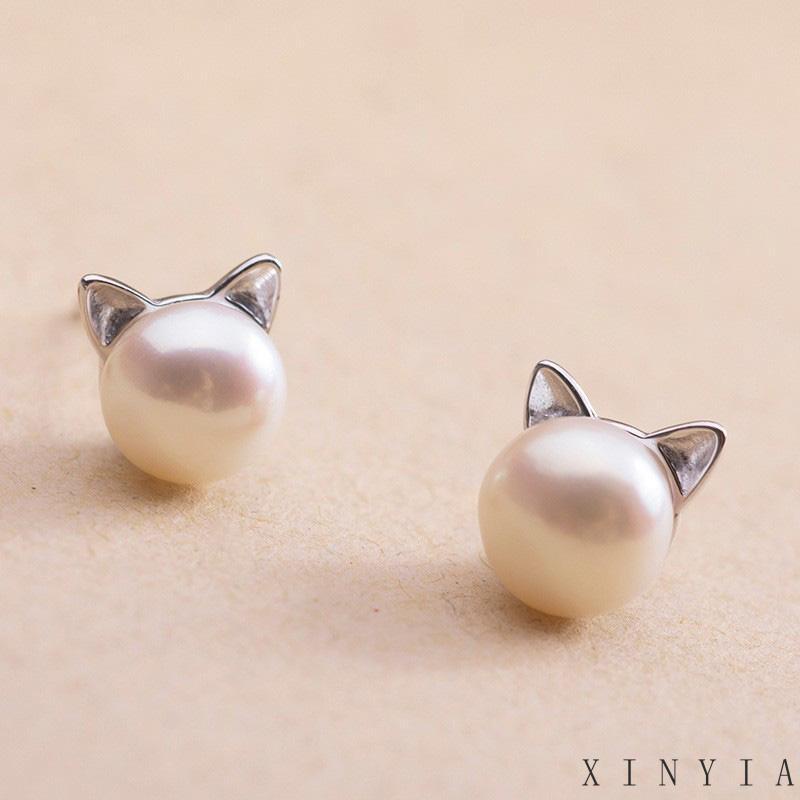 【Bayar di tempat】Anting Stud Desain Telinga Kucing Aksen Mutiara Imitasi Bahan 925 Silver Untuk Wanita