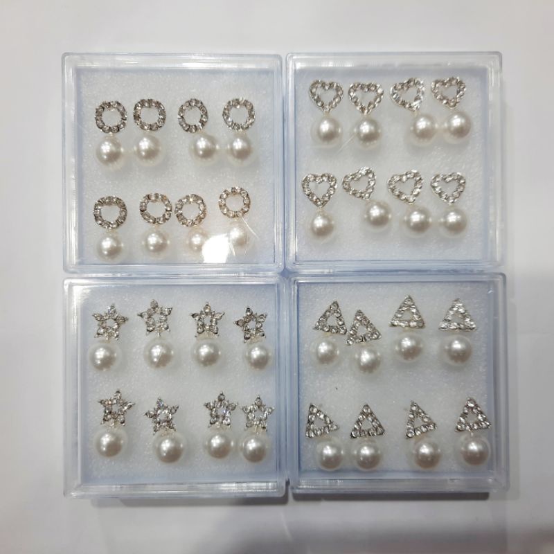 Anting Mutiara Permata Box Isi 4pasang Tusuk Besi Kulakan Grosir