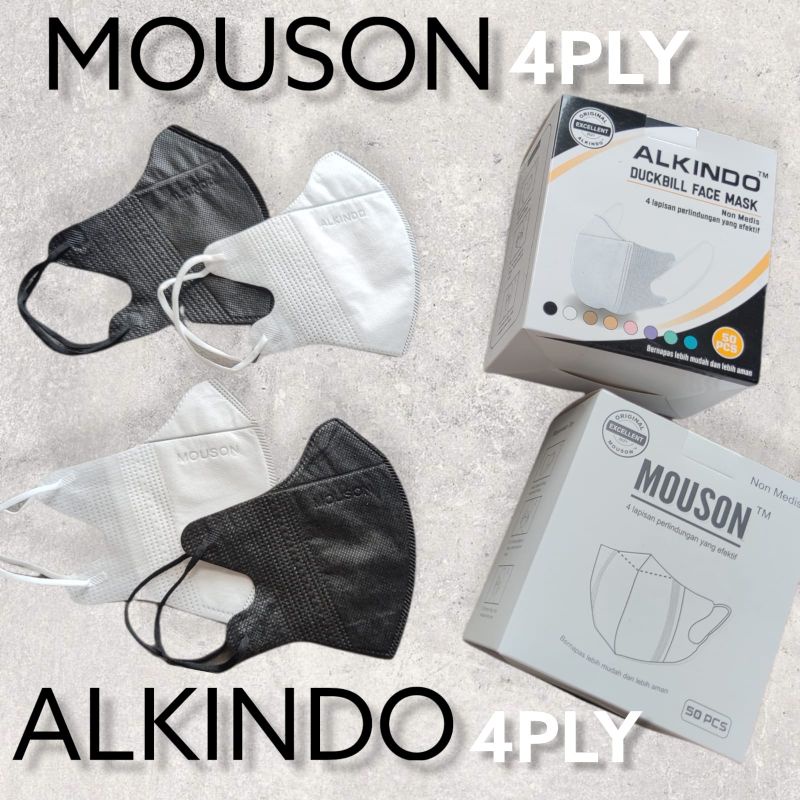 PREMIUM ( ISI 50 PCS) MASKER DUCKBILL ALKINDO 4 PLY / MASKER DUCKBILL GARIS HIDUNG PUTIH / DUCKBILL MASK