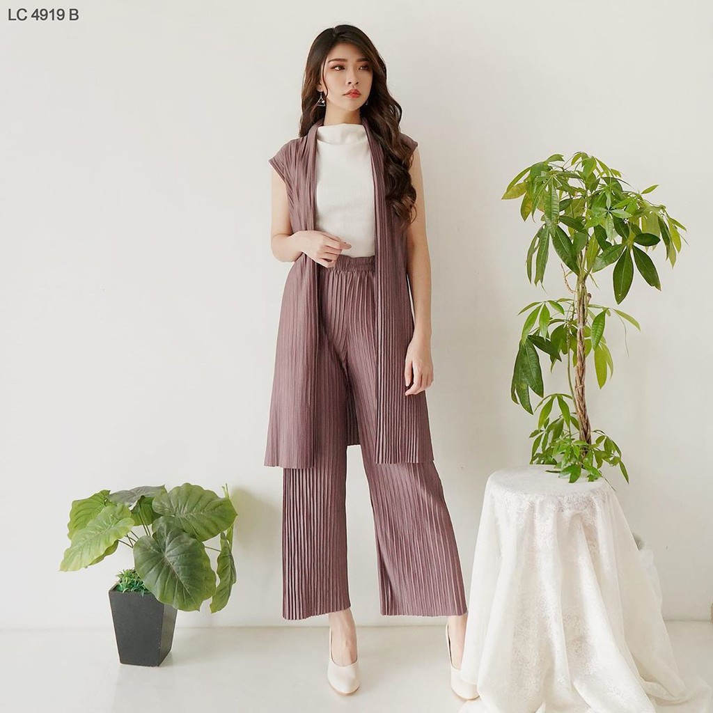 Set Plisket, Setelan Rompi Cardi Vest Plisket + Celana Panjang kulot Plisket