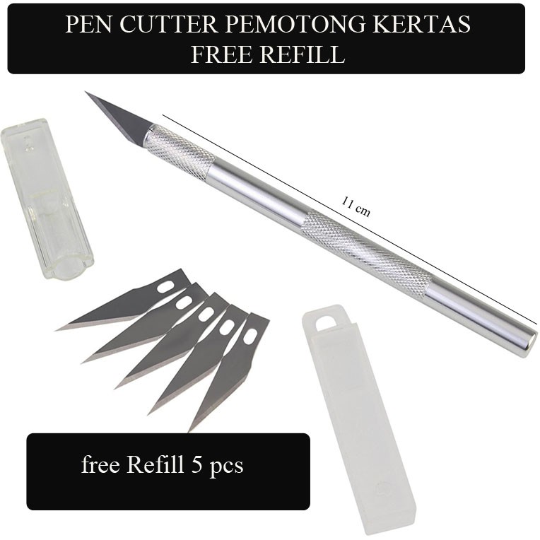 Pen Cutter - Pen Type Cutter - Alat Potong Bahan Kain Kertas Sticker - Free Refill 5 pcs