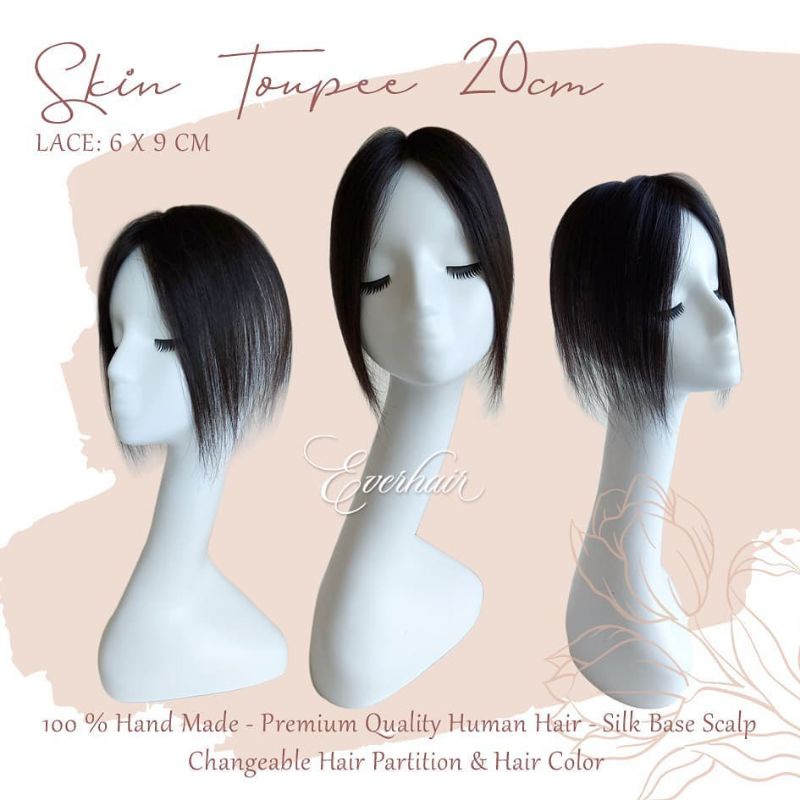Skin Toupee human Hair / Tempelan penutup botak rambut palsu wig wanita human hairclip