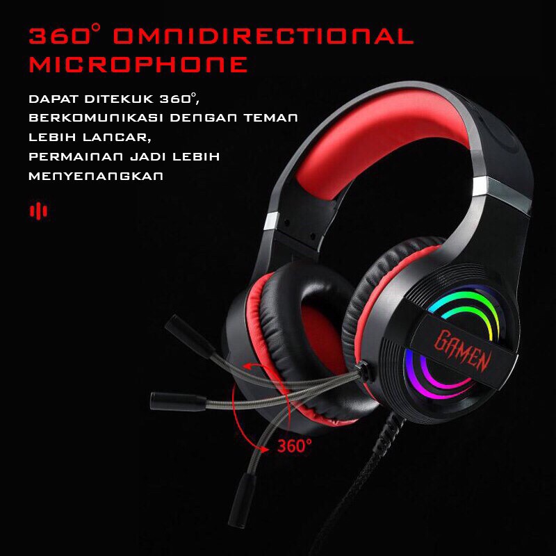 GAMEN GH1100 PRO Gaming Headset With 7 LED Color Breathing Lighting Effect Black garansi