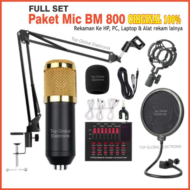 Paket Mic BM 800 Lengkap Mikrofon Kondenser SoundCard V8 plus Pop filter
