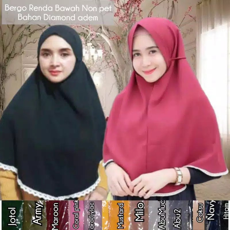 Bergo Fatimah Renda - kerudung fatima jilbab tali maryam renda bawah Diamond