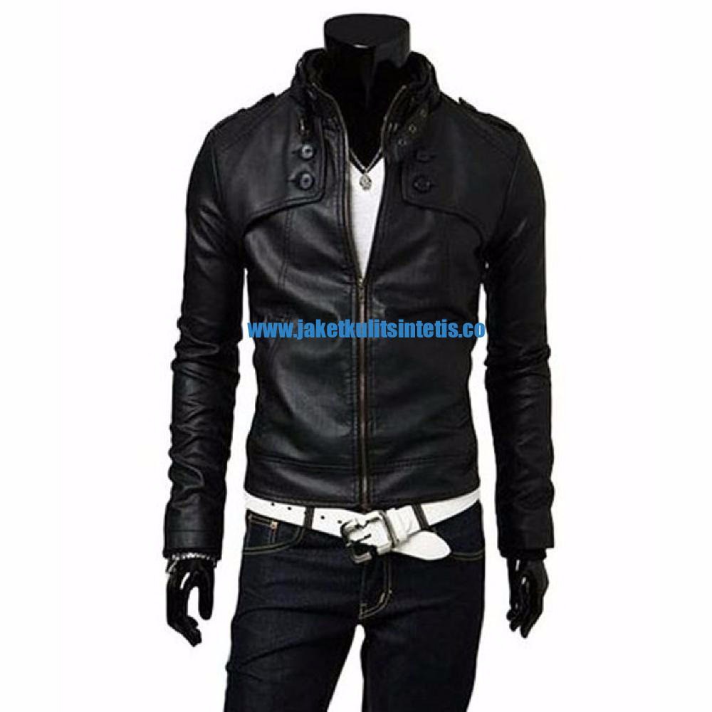 JAKET KULIT SINTETIS MODEL KANCING DOUBLE VARSITY BLACK Termurah