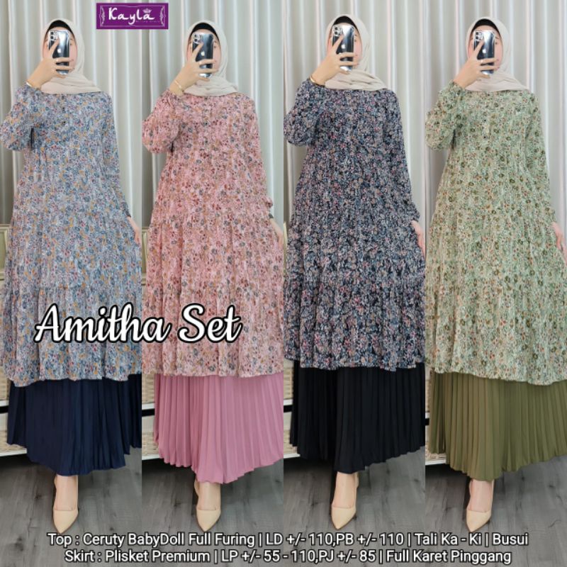 amitha one set tunik kayla setelan rok plisket tunik ceruty babydoll baju setelan wanita kekinian tunik motif bunga full furing tunik import baju atasan wanita kekinian tunik jumbo ld 110 xl xxl rok wanita muslim rok plisket kekinian