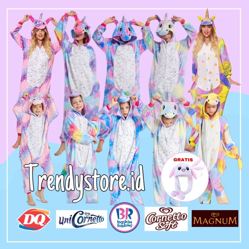 COD READY STOCK ONESIE UNICORN ICE CREAM DEWASA ANAK PIAYAMA RAINBOW BAJU TIDUR KARAKTER HEWAN COSPL