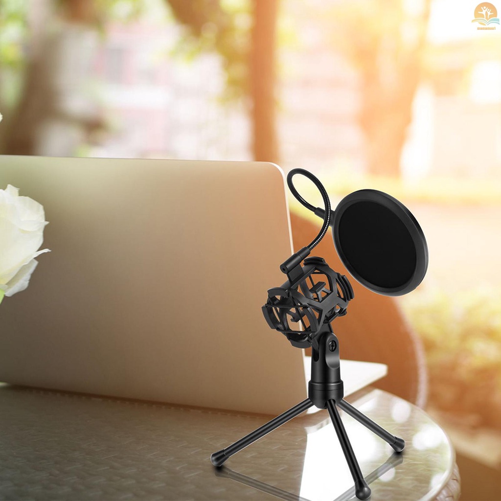 Desktop Microphone Tripod Stand Foldable Mic Stand with Shock Mount Portable Mic Holder Double-Net Pop Filter Gooseneck for Podcasts Internet Chat Meetings Lectures Online Show