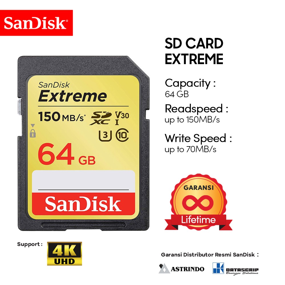 Jual SD Card 64GB SanDisk Extreme UHS-I 4K U3 up to 150Mbps - Garansi