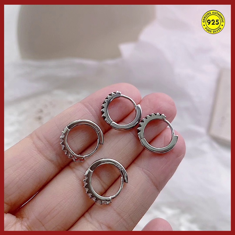 Anting Stud S925 Silver Hias Berlian Baris Tunggal Gaya Korea Untuk Wanita