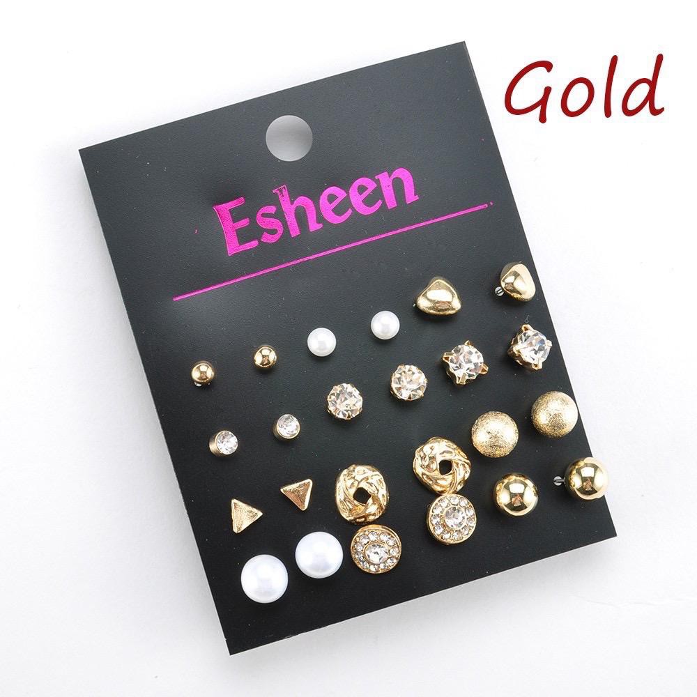Anting 12 Pairs Satu Set Pearl Crystal Stud Triangle Bar Ear Ring Set Jewelry 12  Pasang Model Murah AF012-GOLD