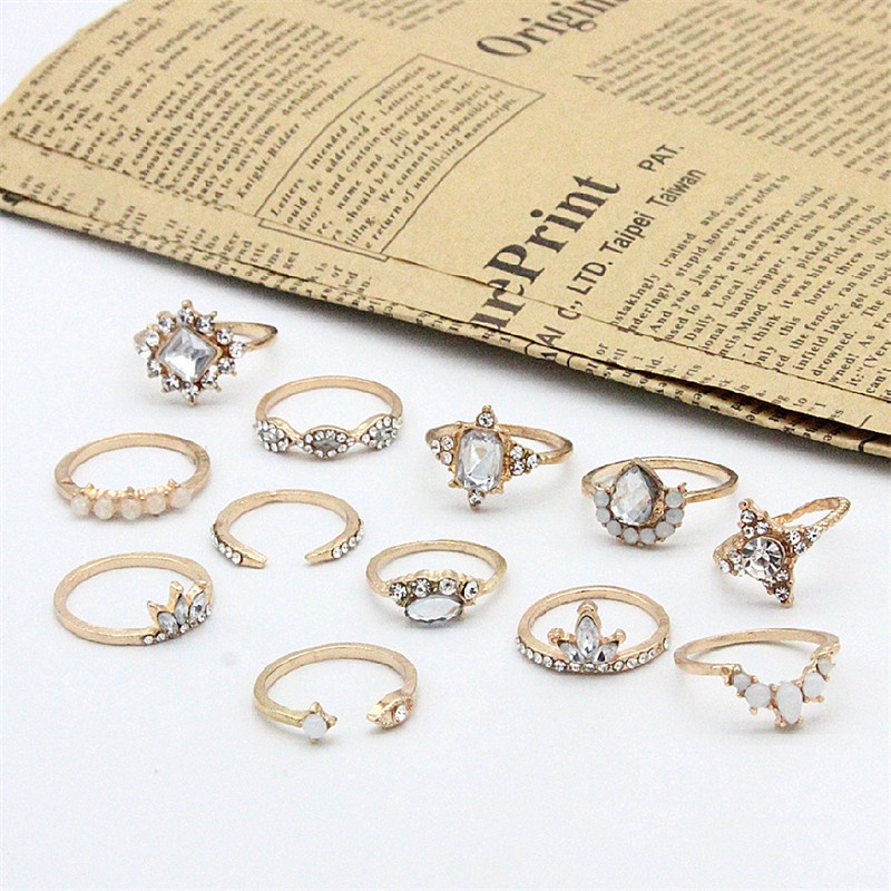 12pcs / Set Cincin Berlian Permata Besar Bentuk Tetesan Air Untuk Wanita