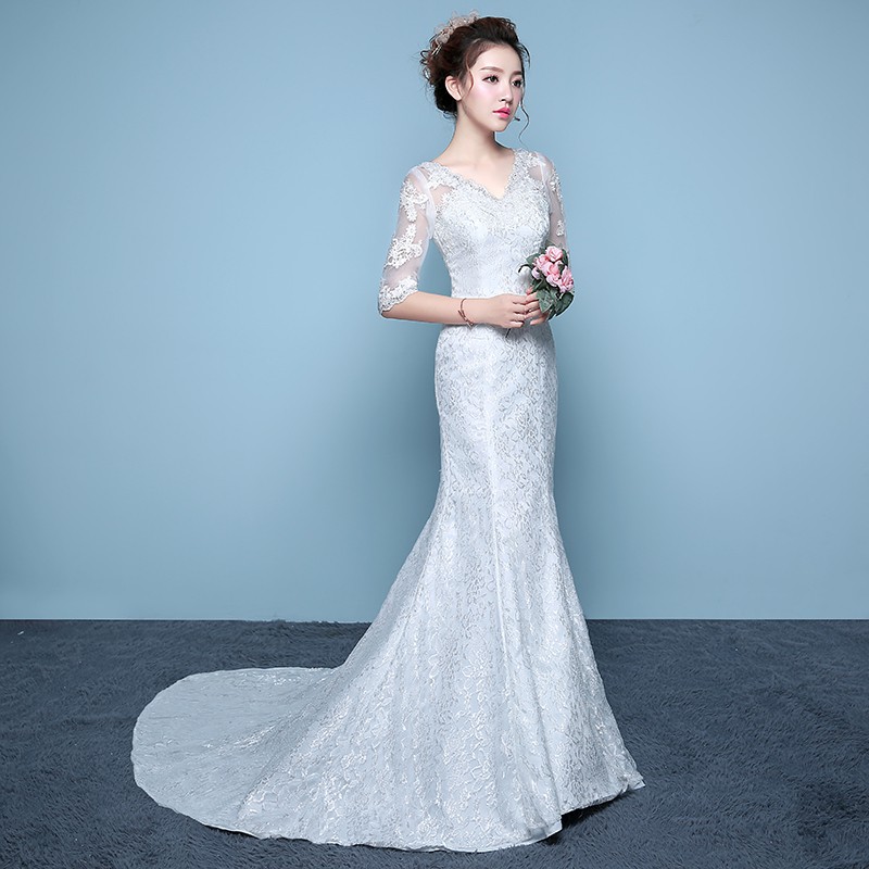 1710003 Putih Ekor Mermaid V Neck Gaun Pengantin Baju Pengantin Wedding Gown Wedding Dress